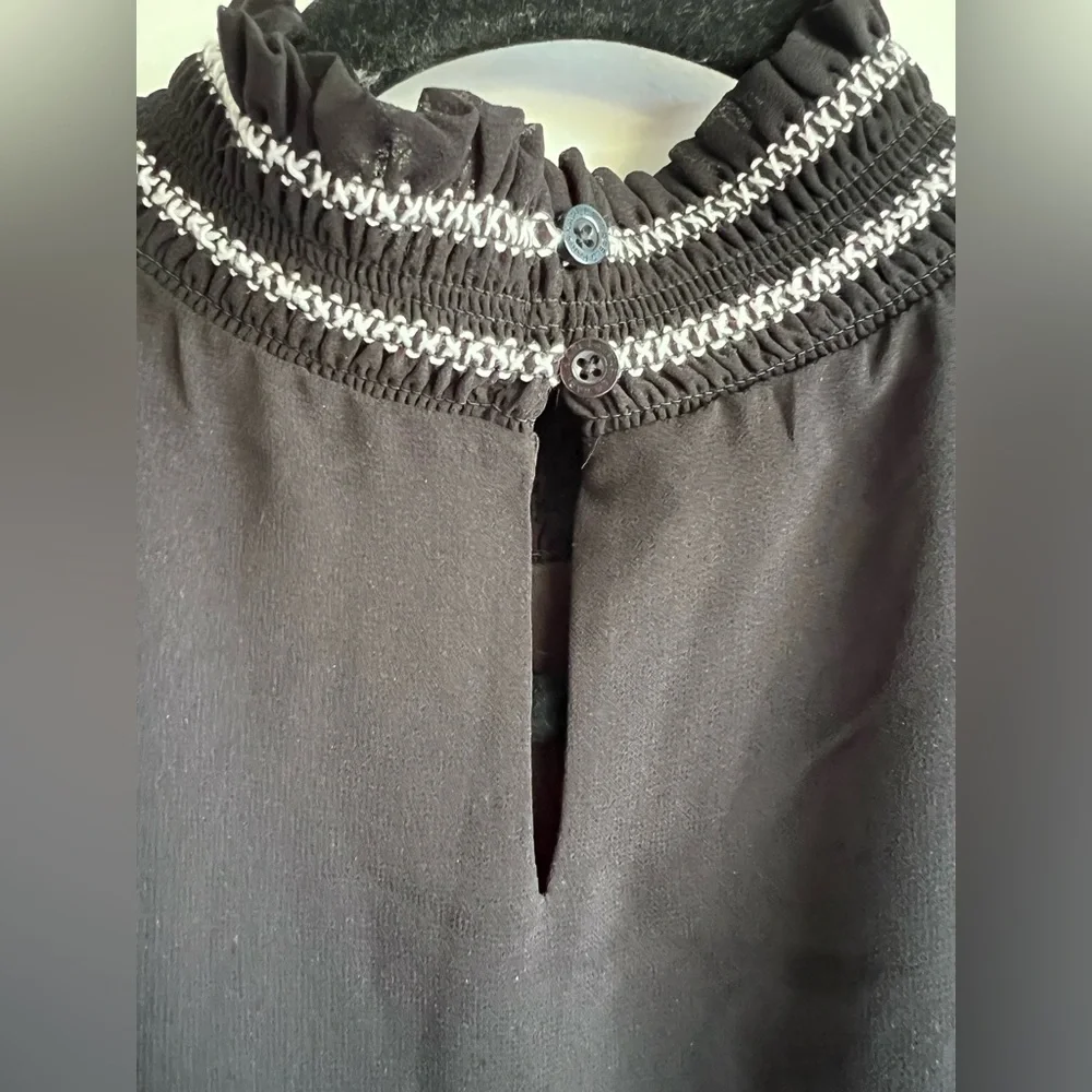 Karl Lagerfeld Paris Black Blouse Smocked Neck Puff Sheer Sleeve‎ Small